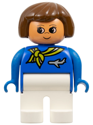 Duplo Figure, Flight Attendant - Female, White Legs, Blue Top with Scarf with Stripe and Jet Airplane Pin Pattern, Brown Hair, Nougat Head with Grin and Turned Up Nose (75515)