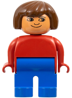 Duplo Figure, Female, Blue Legs, Red Top, Brown Hair, No Eyelashes, Plain Smile