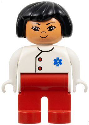 Duplo Figure, Doctor / Medic - Female, Adult Woman, Red Legs, White Top with Buttons and EMT Star of Life Pattern, Black Hair, Nougat Head (75498)