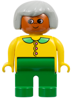 Duplo Figure - Female, Adult Woman, Green Legs, Yellow Top with Collar and Buttons Pattern, Light Gray Hair, Dark Orange Head (75512)