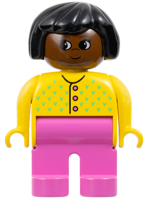Duplo Figure - Female, Adult Woman, Dark Pink Legs, Yellow Top with Buttons and V Stitching Pattern, Black Hair, Brown Head (75504)