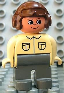 Duplo Figure, Male, Dark Gray Legs, Tan Top, Brown Aviator Helmet