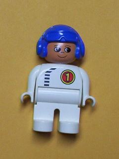 Duplo Figure, Male, White Legs, White Top with Black Zipper and Racer #1, Blue Aviator Helmet (75715)