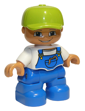 Duplo Figure Lego Ville, Child Boy, Blue Legs, White Top with Blue Overalls, Worms in Pocket, Lime Cap (4251086, 6233829)