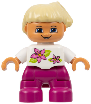 Duplo Figure Lego Ville, Child Girl, Magenta Legs, White Top with Two Flowers, White Arms, Tan Hair (4521596, 6012989, 6228505)
