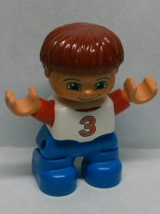 Duplo Figure Lego Ville, Child Boy, Blue Legs, White Top with Red Number 3 Pattern, Dark Red Hair (6013303)