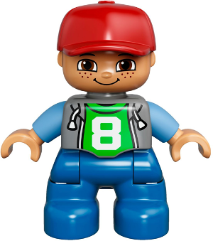 Duplo Figure Lego Ville, Child Boy, Blue Legs, Light Bluish Gray Top with Number 8, Medium Blue Arms, Red Cap, Freckles (6024623)