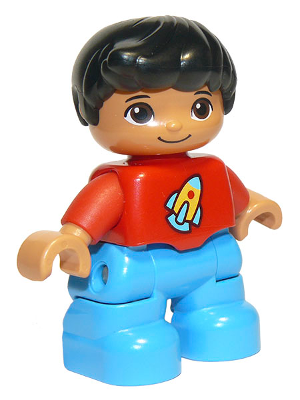 Duplo Figure Lego Ville, Child Boy, Dark Azure Legs, Red Top with Space Rocket Ship, Black Hair (6136449 / 6233698)