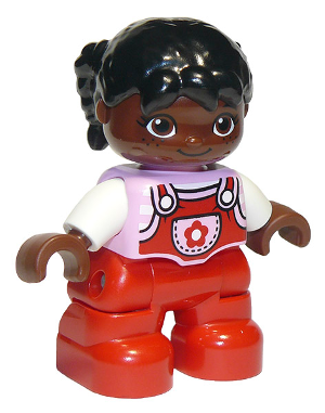 Duplo Figure Lego Ville, Child Girl, Red Legs, Bright Pink Top with Flower on Pocket, White Arms, Black Hair Pigtails with Uneven Bangs, Oval Eyes (6221053)