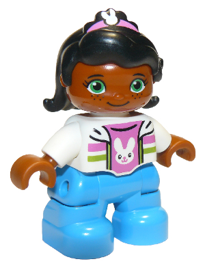 Duplo Figure Lego Ville, Child Girl, Dark Azure Legs, White Top with Dark Pink Undershirt with Bunny Rabbit Head, Black Hair with Dark Pink Band, Green Eyes (6174731, 6228497)