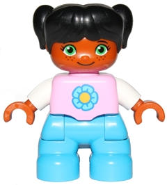 Duplo Figure Lego Ville, Child Girl, Dark Azure Legs, Bright Pink Top with Yellow and Dark Azure Flower, Black Hair with Pigtails (6233702)