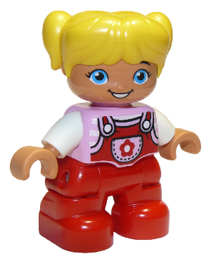 Duplo Figure Lego Ville, Child Girl, Red Legs, Bright Pink Top with Flower on Pocket, White Arms, Yellow Hair (6188842)