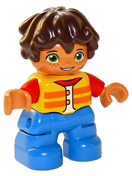 Duplo Figure Lego Ville, Child Boy, Blue Legs, Yellow Vest, Red Arms, Reddish Brown Hair (6265055)