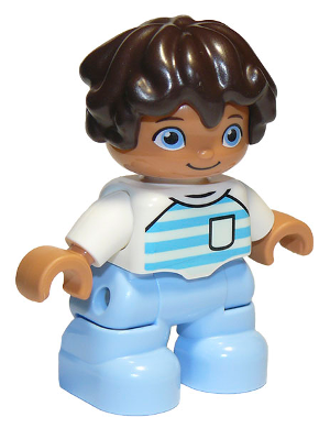 Duplo Figure Lego Ville, Child Boy, Bright Light Blue Legs, White Top with Medium Azure and Light Aqua Stripes, White Arms, Dark Brown Hair (6296134)
