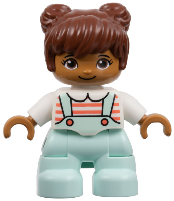 Duplo Figure Lego Ville, Child Girl, Light Aqua Legs, White Top with Coral Stripes, Reddish Brown Hair (6290980)