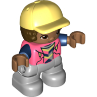 Duplo Figure Lego Ville, Child Boy, Light Bluish Gray Legs, Coral Top with Dark Blue Arms, Dark Brown Hair, Bright Light Yellow Cap (6323946)