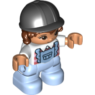 Duplo Figure Lego Ville, Child Girl, Bright Light Blue Legs with Overalls, White Top, Reddish Brown Hair, Black Riding Helmet (6332636)