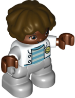 Duplo Figure Lego Ville, Child Boy, Light Bluish Gray Legs, White Jacket, Light Aqua and Medium Azure Striped Top, Dark Brown Hair (6361964)