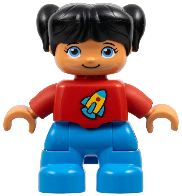 Duplo Figure Lego Ville, Child Girl, Dark Azure Legs, Red Top with Space Rocket Ship, Black Hair (6255022)
