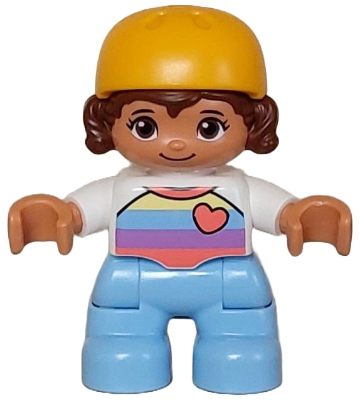 Duplo Figure Lego Ville, Child Girl, Bright Light Blue Legs, White Shirt with Coral, Medium Lavender, Bright Light Blue and Bright Light Yellow Stripes, Coral Heart, Reddish Brown Hair, Bright Light O