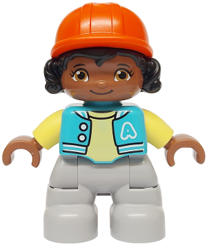 Duplo Figure Lego Ville, Child Girl, Light Bluish Gray Legs, Medium Azure Jacket with Capital Letter A and Buttons, Black Hair, Reddish Orange Riding Helmet (6474068)