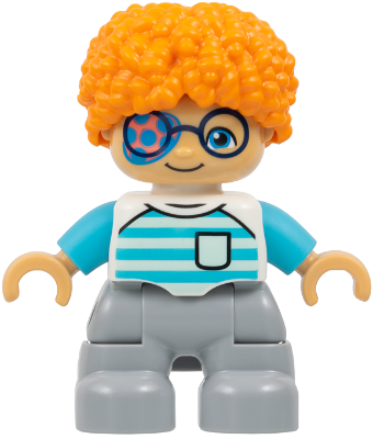 Duplo Figure Lego Ville, Child Boy, Light Bluish Gray Legs, White Shirt with Light Aqua and Medium Azure Stripes, Dark Blue Glasses, Coral and Dark Azure Eye Patch, Orange Hair (6533350)