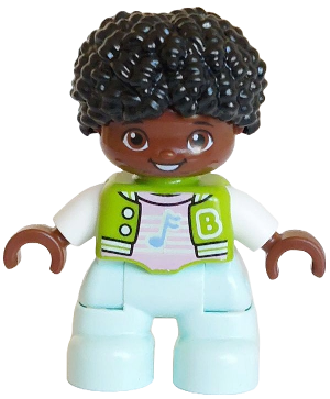 Duplo Figure Lego Ville, Child Boy, Light Aqua Legs, Lime Jacket over Bright Pink Shirt, White Letter B Outline, Buttons and Stripes, Bright Light Blue Music Note Pattern, Black Hair (6491580)