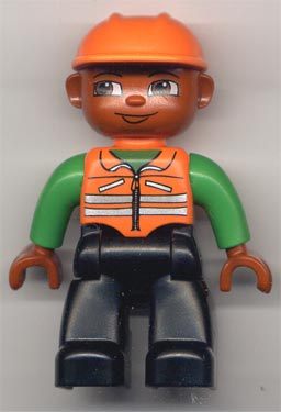 Duplo Figure Lego Ville, Male, Black Legs, Orange Vest with Green Arms, Orange Construction Helmet