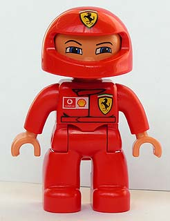 Duplo Figure Lego Ville, Male, Red Legs, Red Top with Ferrari / Shell / Vodafone Pattern, Red Helmet (4233467)