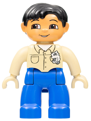Duplo Figure Lego Ville, Male, Blue Legs, Tan Top with Buttons and Rag in Pocket, Black Hair, Tan Hands (Mechanic)