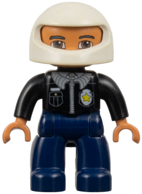 Duplo Figure Lego Ville, Male Police, Dark Blue Legs, Black Top with Badge, Black Arms, White Helmet, Dark Bluish Gray Eyebrows, Reddish Brown Eyes