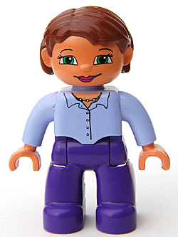 Duplo Figure Lego Ville, Female, Dark Purple Legs, Light Lilac Button Top with Necklace, Nougat Hands, Reddish Brown Hair, Green Eyes