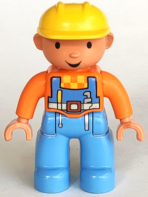 Duplo Figure Lego Ville, Male, Medium Blue Legs, Orange Top with Overalls, Yellow Construction Helmet (Bob the Builder)