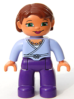 Duplo Figure Lego Ville, Female, Dark Purple Legs, Light Lilac Wrap Top with Necklace, Nougat Hands, Reddish Brown Hair, Green Eyes