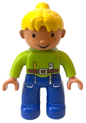 Duplo Figure Lego Ville, Female, Wendy, Blue Legs, Lime Top with Belt, Screwdriver, and Wrench, Yellow Ponytail Hair (4542236)