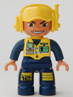 Duplo Figure Lego Ville, Male, Dark Blue Legs &amp; Jumpsuit with Yellow Vest, Radio, ID Badge, Yellow Cap with Headset, Wide Smile