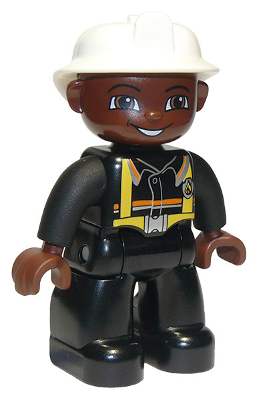 Duplo Figure Lego Ville, Male Fireman, Black Legs, Brown Hands, White Helmet, Brown Face