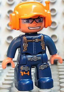 Duplo Figure Lego Ville, Male, Dark Blue Legs &amp; Jumpsuit with Straps, Orange Cap with Headset