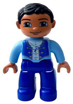 Duplo Figure Lego Ville, Male, Dark Royal Blue Legs, Bright Light Blue Top with Straps and Key Necklace, Nougat Hands, Black Hair