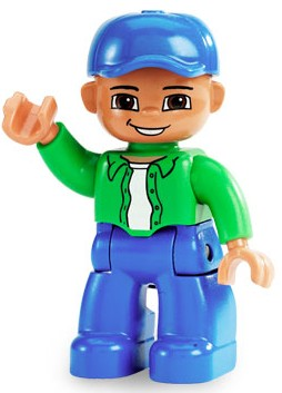 Duplo Figure Lego Ville, Male, Blue Legs, Bright Green Top with White Undershirt, Blue Cap (4558055)