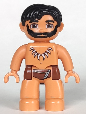 Duplo Figure Lego Ville, Male, Nougat Legs, Reddish Brown Hips, Black Hair, Animal Tooth / Claw Necklace, Black Beard (Caveman)