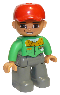 Duplo Figure Lego Ville, Male, Dark Bluish Gray Legs, Bright Green Button Down Shirt, Red Cap, Brown Eyes, Open Mouth Smile (Mechanic)
