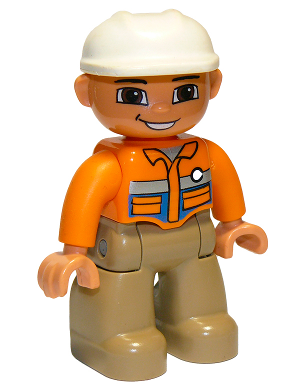 Duplo Figure Lego Ville, Male, Dark Tan Legs, Orange Shirt, Brown Eyes, White Construction Helmet, White Button