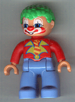 Duplo Figure Lego Ville, Male Clown, Medium Blue Legs, Red Top, Green Hair
