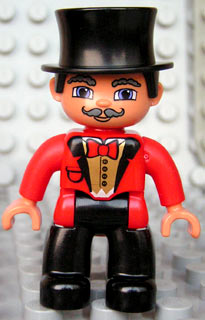 Duplo Figure Lego Ville, Male Circus Ringmaster, Black Legs, Red Top with Bow Tie, Top Hat, Blue Eyes (4611994)