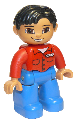 Duplo Figure Lego Ville, Male, Blue Legs, Red Shirt with Pockets and Name Tag, Black Hair, Brown Eyes, Nougat Hands