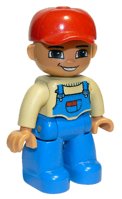 Duplo Figure Lego Ville, Male, Blue Legs, Tan Top with Blue Overalls, Red Baseball Cap (4529970)