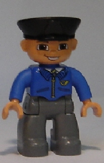 Duplo Figure Lego Ville, Male Post Office, Dark Bluish Gray Legs, Blue Jacket with Mail Horn, Black Police Hat, Smile with Teeth (4648961)