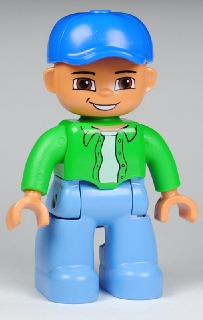 Duplo Figure Lego Ville, Male, Medium Blue Legs, Bright Green Top with White Undershirt, Blue Cap (4596029)