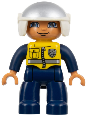 Duplo Figure Lego Ville, Male Police, Dark Blue Legs and Jumpsuit with Yellow Vest, White Helmet
